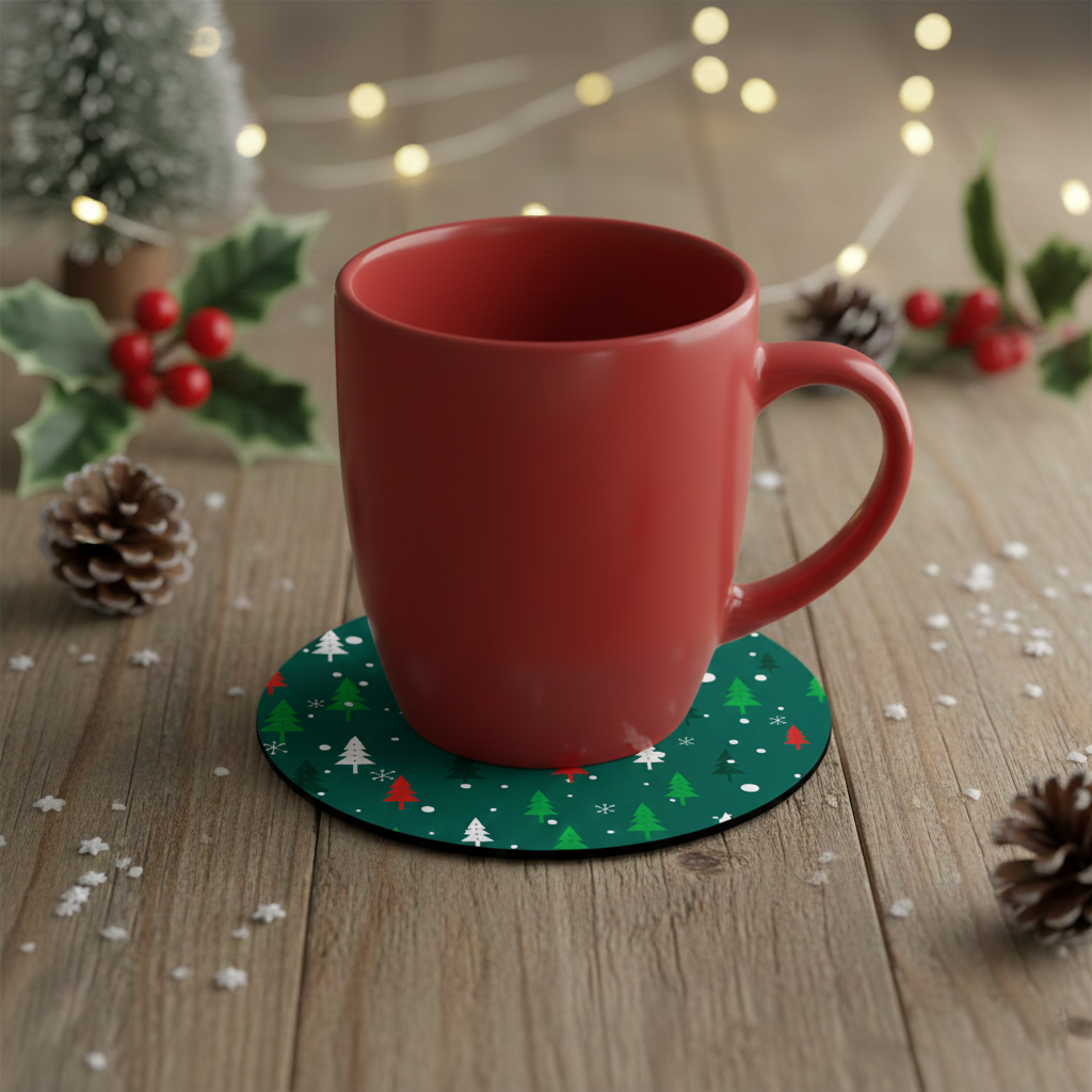 SUB072 ที่รองแก้วคริสต์มาส ขนาด 10x10 cm สำหรับบ้านและคาเฟ่ กันลื่น ซักได้ ทนทาน