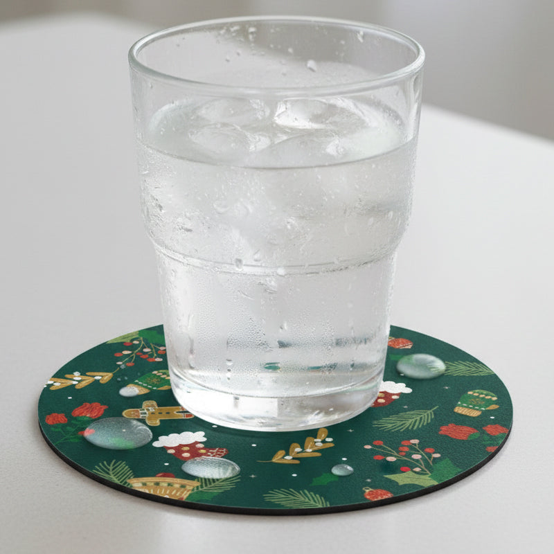 SUB073 ที่รองแก้วคริสต์มาส ขนาด 10x10 cm สำหรับบ้านและคาเฟ่ กันลื่น ซักได้ ทนทาน
