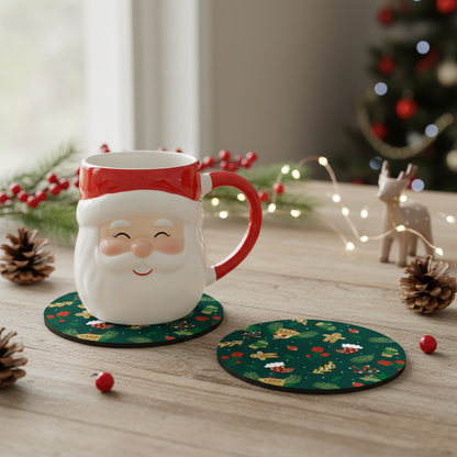 SUB073 ที่รองแก้วคริสต์มาส ขนาด 10x10 cm สำหรับบ้านและคาเฟ่ กันลื่น ซักได้ ทนทาน