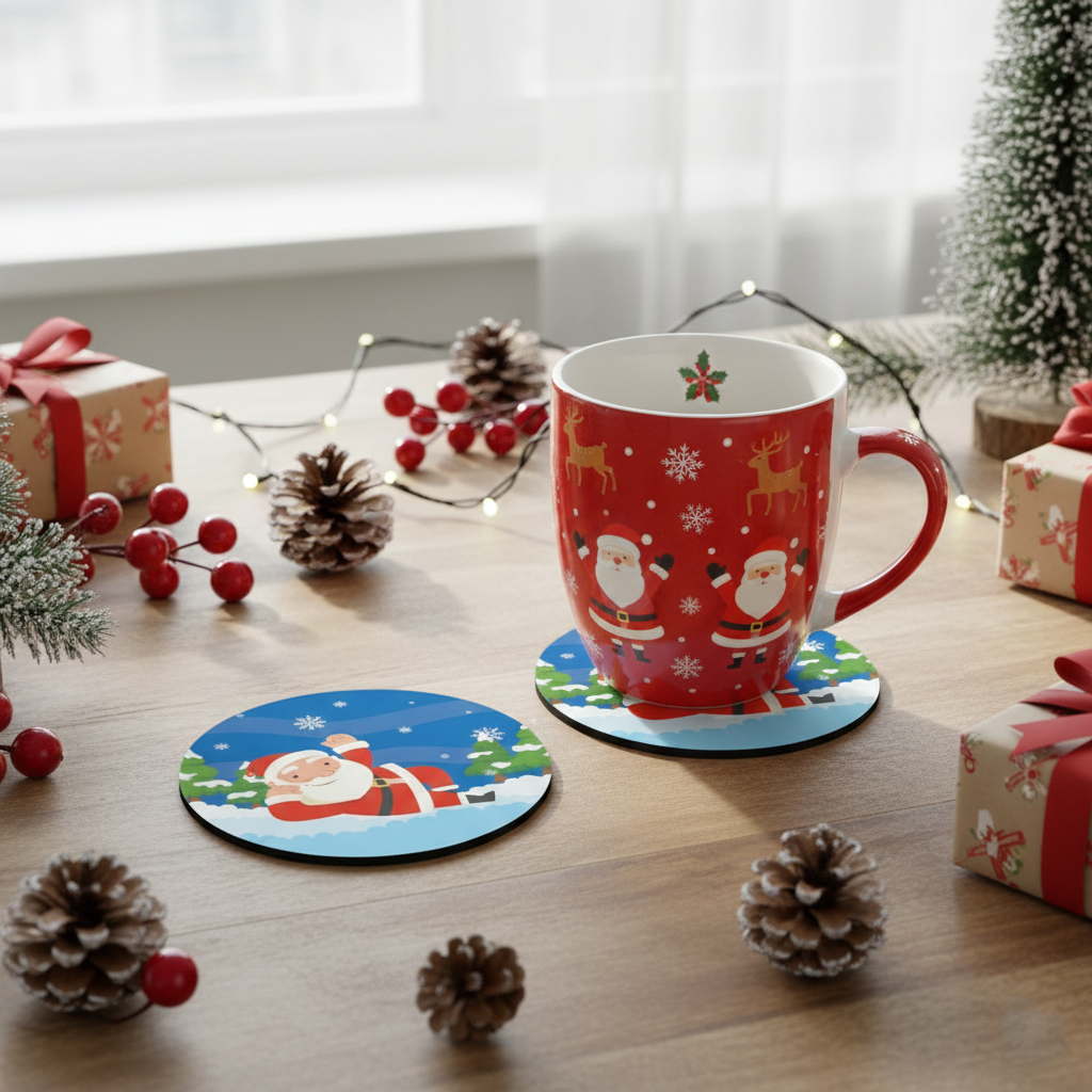 SUB074 ที่รองแก้วคริสต์มาส ขนาด 10x10 cm สำหรับบ้านและคาเฟ่ กันลื่น ซักได้ ทนทาน