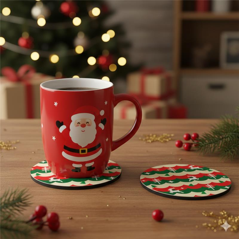 SUB077 ที่รองแก้วคริสต์มาส ขนาด 10x10 cm สำหรับบ้านและคาเฟ่ กันลื่น ซักได้ ทนทาน