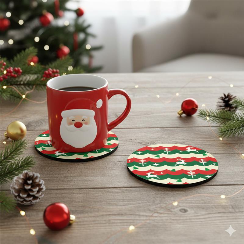 SUB077 ที่รองแก้วคริสต์มาส ขนาด 10x10 cm สำหรับบ้านและคาเฟ่ กันลื่น ซักได้ ทนทาน